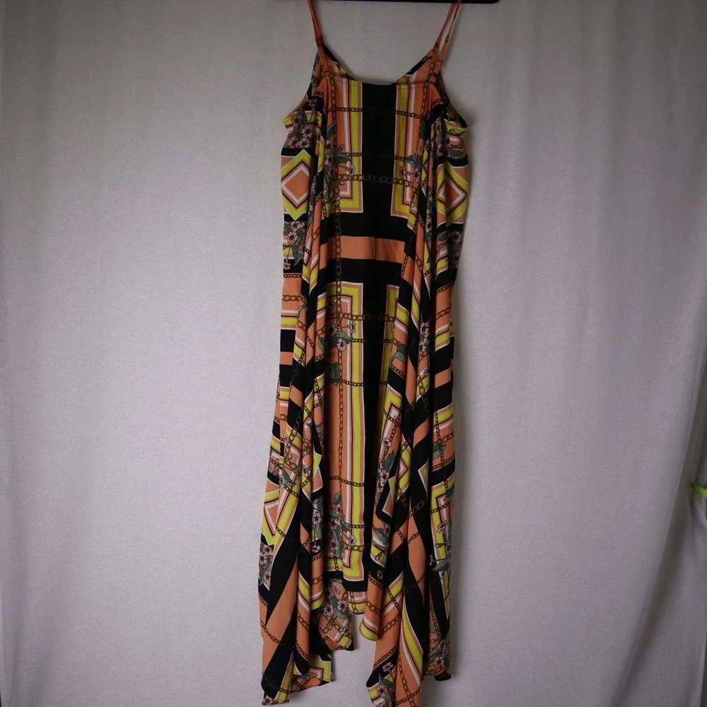 Nanette Lepore Womens Scarf Print Handkerchief Hem Midi Dress Orange Black Sz 10 - Picture 5 of 6